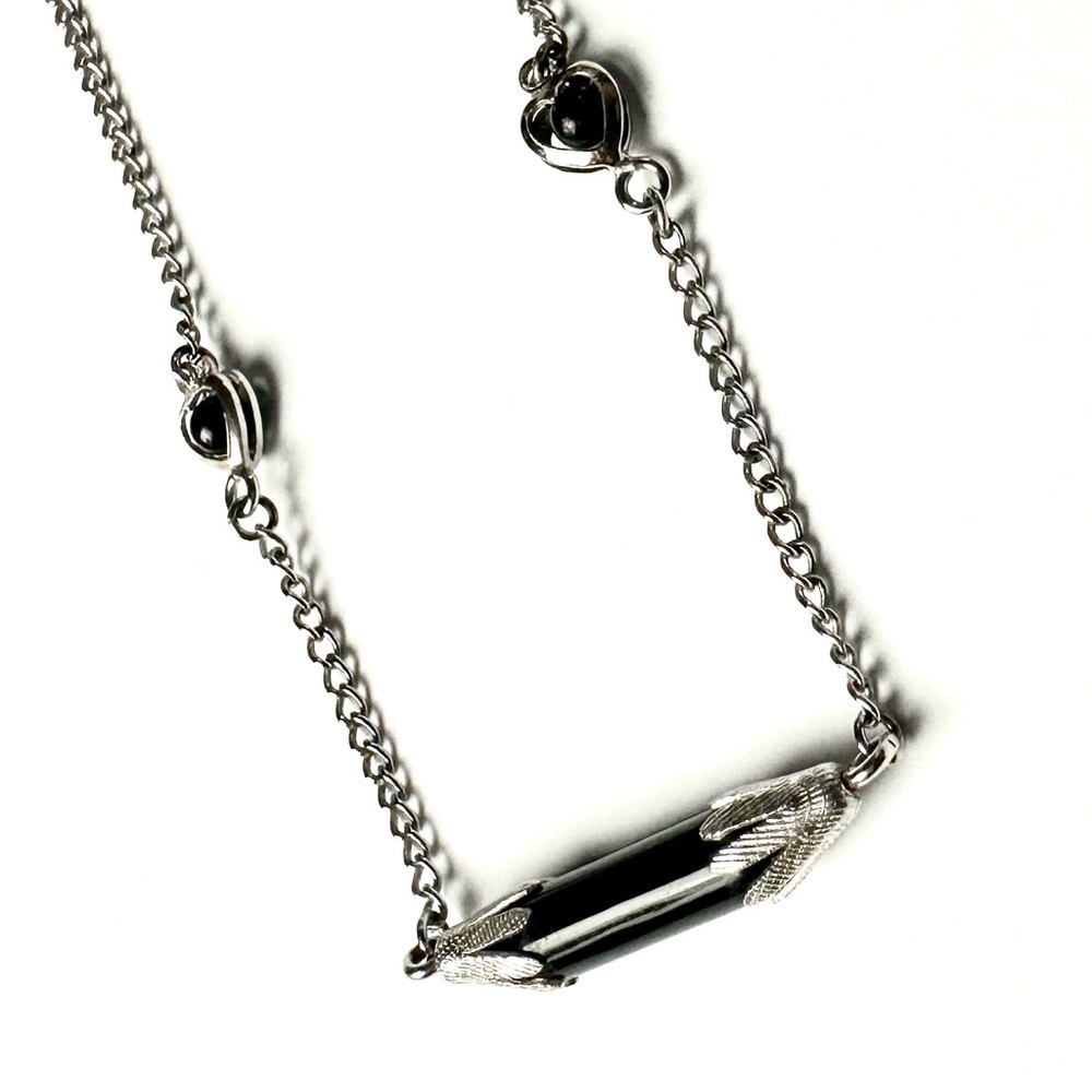 Onyx Silver Chain Necklace Bar & Heart Accents - Picture 4 of 6
